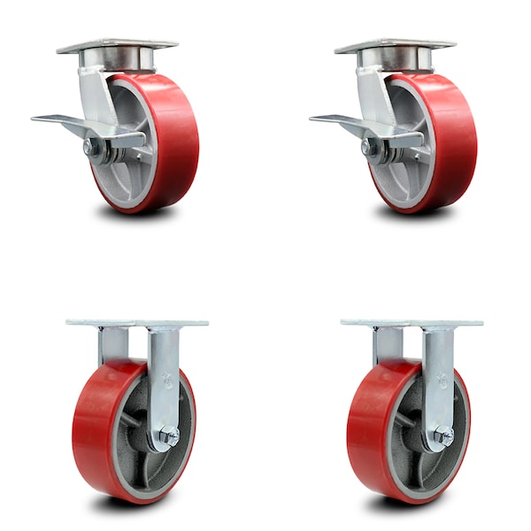 6 Inch Kingpinless Red Poly on Steel Wheel Caster Brakes 2 Rigid SCC, 2PK